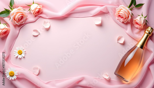 Pink roses daisy petals and rose champagne bottle framing blank space on pink silk fabric