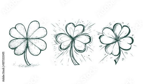 Lucky four, three clover shamrock leaf, hand drawn