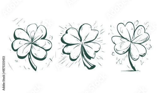 Lucky four, three clover shamrock leaf, hand drawn