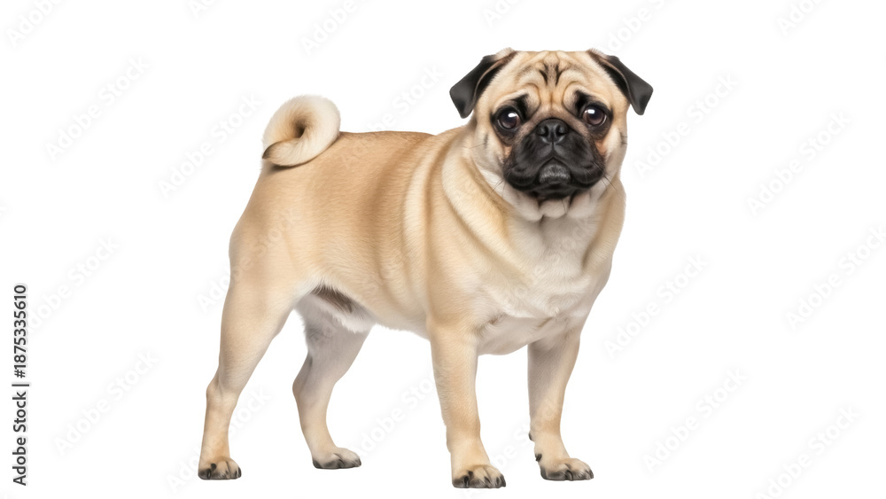 Fototapeta premium Adorable fawn pug dog isolated PNG, purebred canine companion with curly tail and wrinkled face for pet lovers and design projects