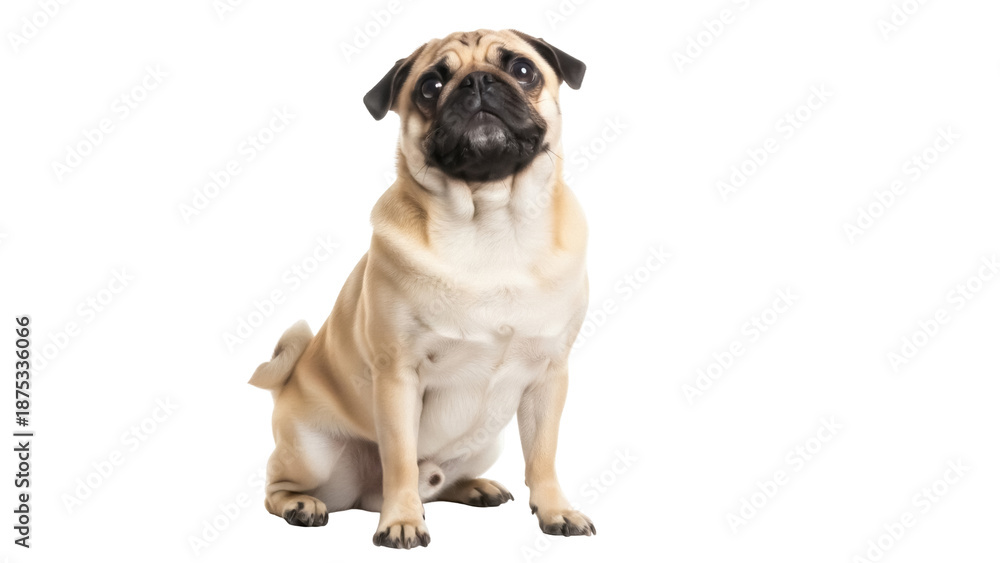 Obraz premium Adorable fawn pug dog sitting isolated PNG, purebred canine companion with wrinkled face and expressive eyes on transparent background