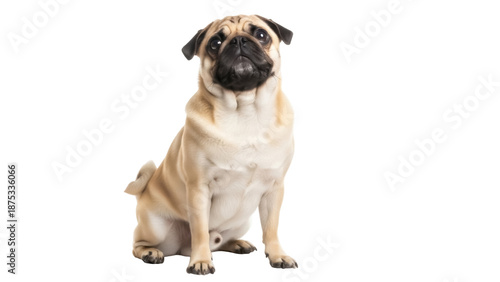 Schilderij op canvas Adorable fawn pug dog sitting isolated PNG, purebred canine companion with wrink