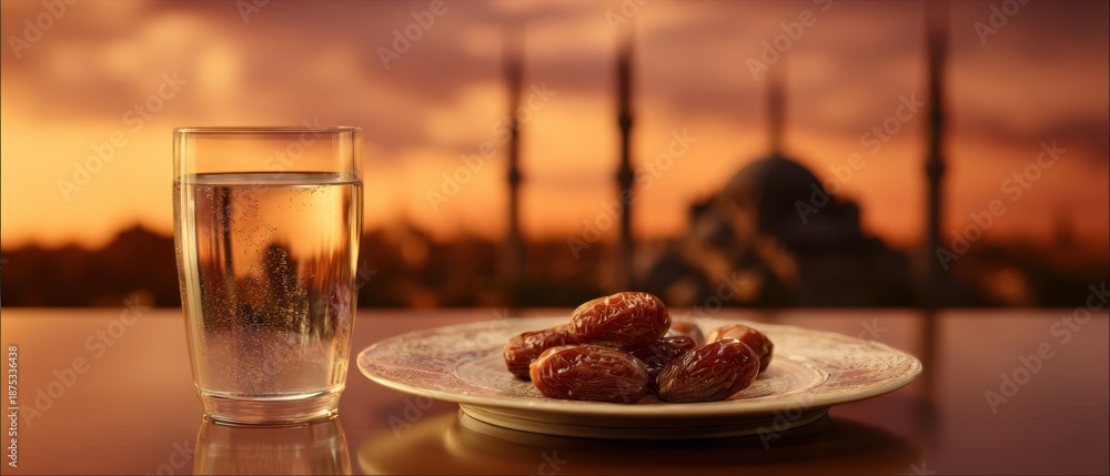Fototapeta premium Dates and Water with Mosque Silhouette