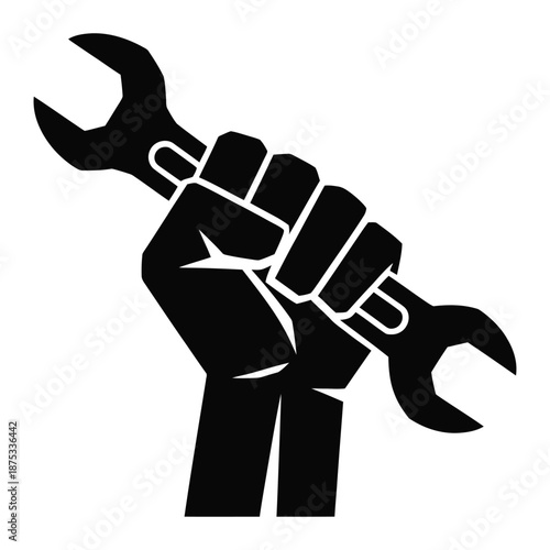 Strong hand holding adjustable wrench for repair and maintenance work