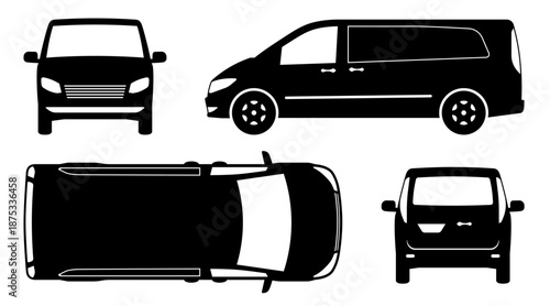 Minivan silhouette on a white background. Car pictogram shown from different angles - side, front, rear, top view