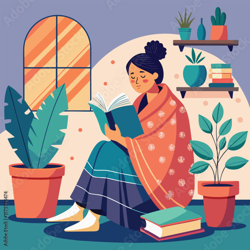 Woman reading a book wrapped in a shawl indoors.