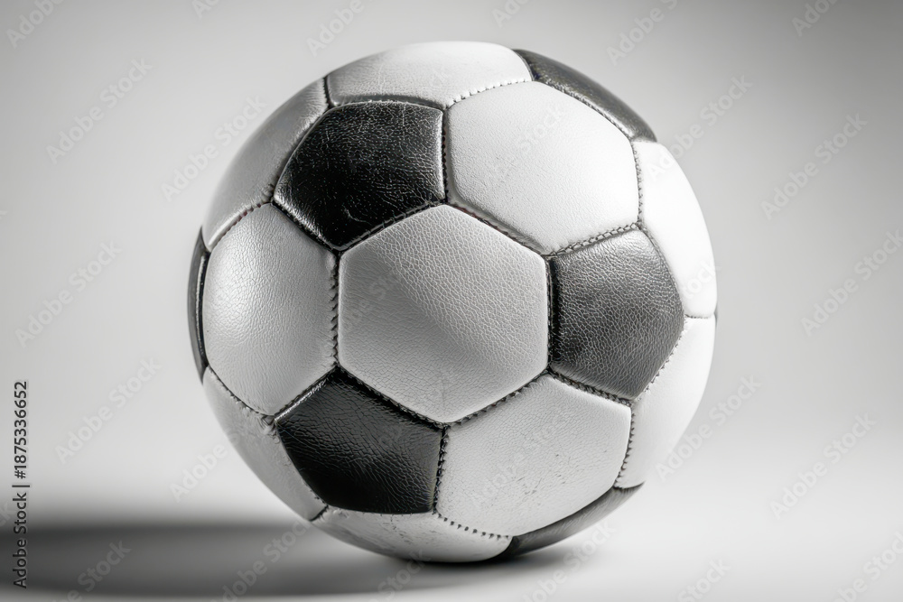 Naklejka premium Classic black and white patterned ball used for team sports displayed on a plain background emphasizing its stitched panels and textured surface