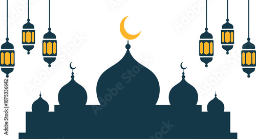 Ramadan Kareem Islamic holy month background vector with mosque silhouette and hanging lanterns for religious greeting cards and banners