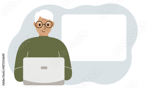 A old man works or on a laptop, there is a place for text nearby. The concept of freelancing or distance learning and work.