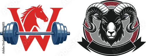 Horse, mascot, logo, with, barbell, weightlifting, gym, emblem, and, ram, head, ram, mascot, strong, animal, fitness, sport, team, vector, illustration, isolated, design