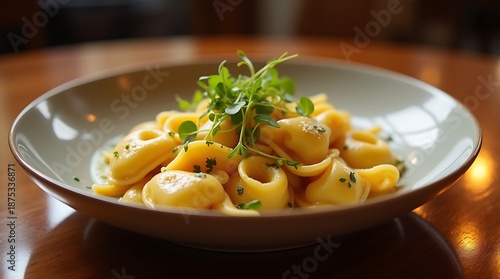 Restaurant-Style Tortellini Plating, Elegant Italian Pasta with Microgreens, Premium Food Photography