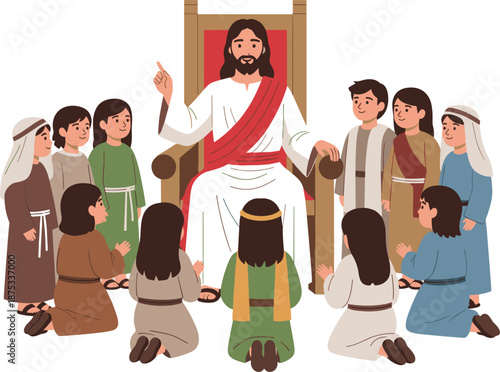 Jesus, Christ, teaching, a, group, of, children, sitting, on, throne, biblical, scene, Christian, religious, vector, illustration, faith, gospel, education, love, kids, spiritual