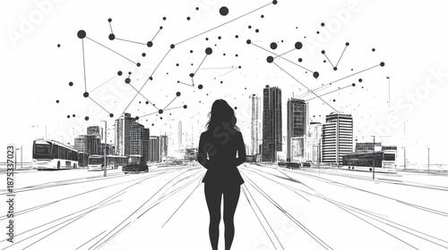 Woman standing in front of cityscape with network.