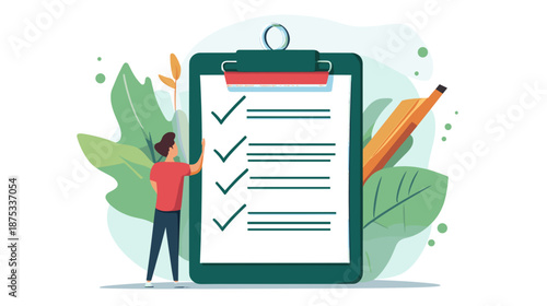 Woman Standing Next to Large Checklist.