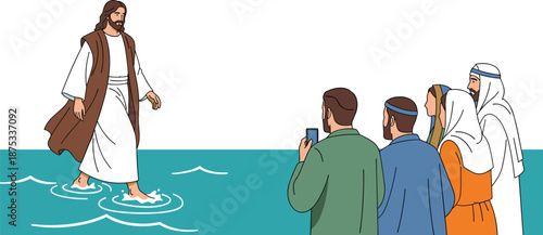 Jesus, Christ, walking, on, water, miracle, biblical, scene, Christian, religious, vector, illustration, faith, gospel, spiritual, people, watching, sea, galilee, holy, savior, divine