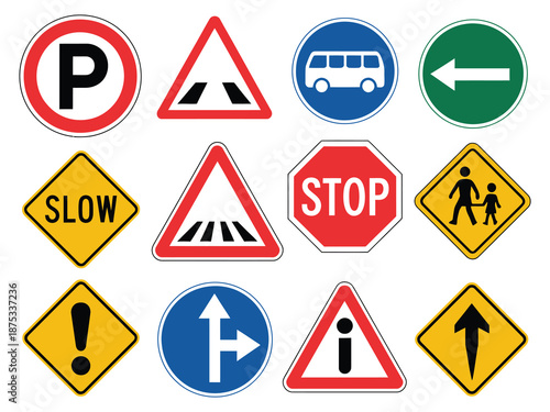 Set of Road Signs Vector Icons, Featuring Traffic Symbols, Warning, Regulatory, Directional, and Informational Signs for Road Safety