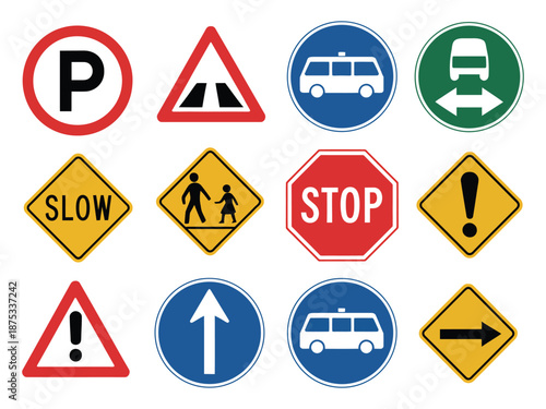 Free Download Set of Road Signs, Including Traffic, Warning, Parking, Direction, and Regulatory Symbols for Maps, Web Design, Mobile Apps, Navigation, UI, and Digital Media Projects - GFXLoad