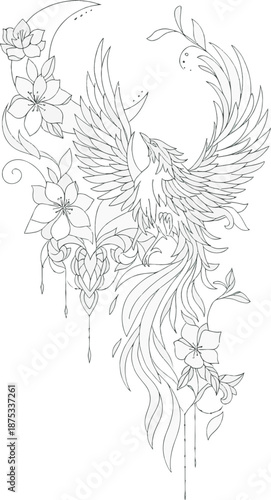 Elegant phoenix bird with floral elements and crescent moon intricate line art illustration for tattoo design or fantasy art isolated on white background