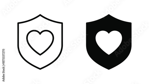 Two distinct icons representing heart protection, security, and safety concepts displayed side by side in monochrome styles