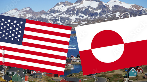 Flags of America and Greenland against an Arctic landscape with a snowy village and mountains.