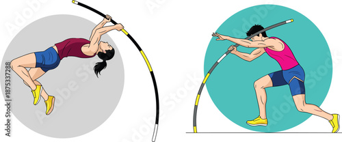 Male, and, female, athletes, performing, pole, vault, jumping, over, bar, track, and, field, competition, set, vector, illustration, sports, training, active, lifestyle, fitness