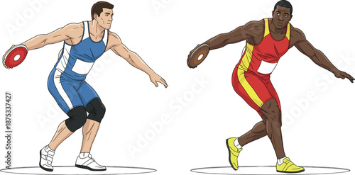 Male, athletes, performing, discus, throw, track, and, field, competition, set, vector, illustration, sports, training, active, lifestyle, fitness, muscular, men, olympic, games, power