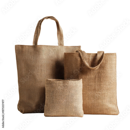 Rustic burlap tote bags set, natural jute shopping bag and small pouch, eco reusable packaging for retail and groceries isolated on Transparent Background