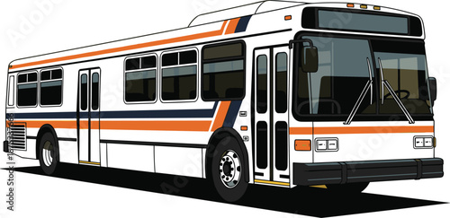 Modern city transit bus illustration, white public transportation vehicle with orange and blue stripes, urban passenger coach graphic, vector transport isolated,