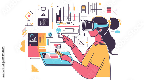 Woman Using Virtual Reality Headset Interactively.