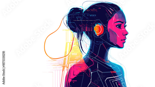 Woman Wearing Headphones with Neon Lights.
