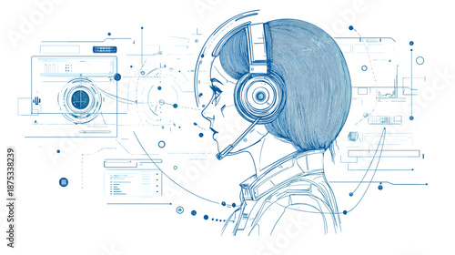 Woman Wearing Headset with Microphone.