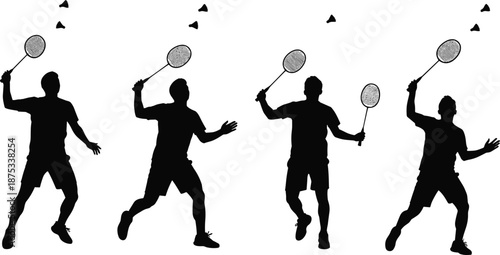 Professional badminton player silhouette illustration set, athletic men jumping and hitting shuttlecock, competitive sports action graphic, black vector figures isolated on white,