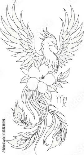 Outline illustration of a mythical phoenix bird with blooming flowers and zodiac sign perfect for tattoo design or fantasy art
