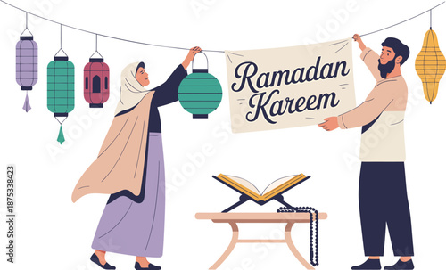 Muslim man and woman giving gifts and charity during Ramadan Kareem vector for Zakat and religious donation campaign designs