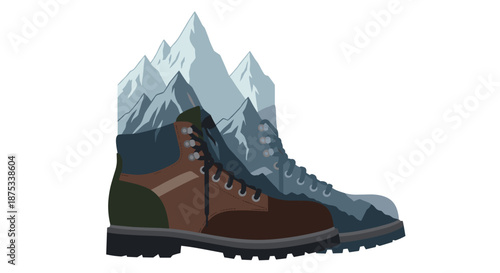 Hiking Boots and Mountain Peaks Illustration, Generative AI.