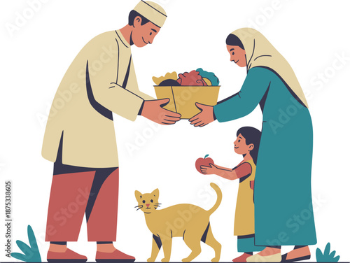 Muslim man and woman sharing food and gifts with a child during Ramadan vector for charity and community support themes