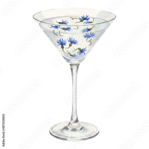 Dried Cornflower Martini Watercolor Illustration, Elegant Blue Floral Cocktail, Hand Painted Vector Isolated on White
