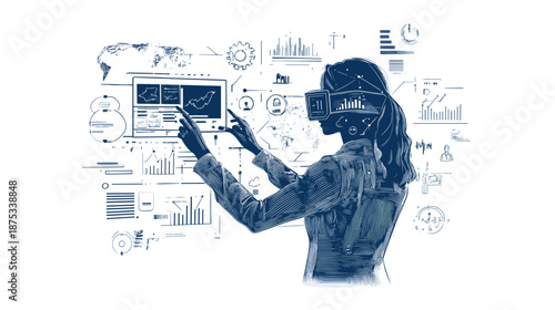 Woman wearing virtual reality headset interacting with digital interface.