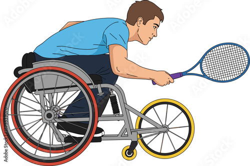 Professional wheelchair tennis player illustration, para athlete hitting ball with racket, inclusive sports action graphic, disabled person competition, vector figure isolated on white,