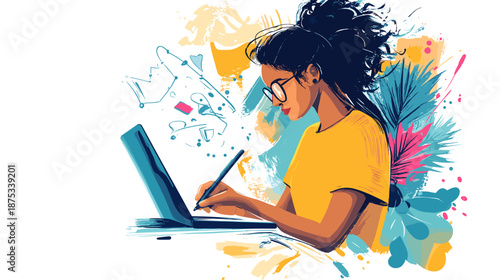 Woman Working on Laptop with Stylus.