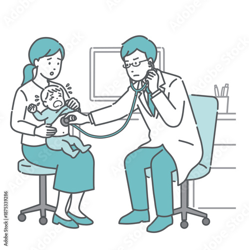 聴診器で泣いている赤ちゃんを診察する男性医師（白衣・小児科・体調不良）