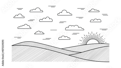 Minimalist black and white line art illustration depicting a sunrise emerging over rolling hills beneath a cloudy sky