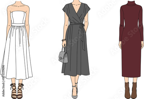 Set, of, women, wearing, stylish, dresses, white, strapless, gown, grey, wrap, dress, with, handbag, and, maroon, turtleneck, midi, dress, vector, fashion, illustration