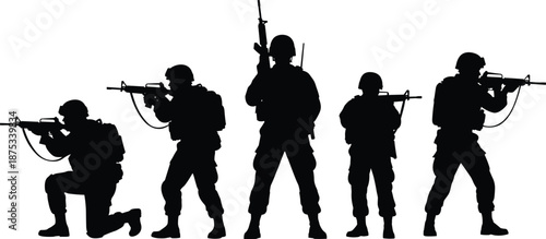 Silhouette set of military soldiers aiming guns, army men standing and kneeling, vector illustration isolated on white background, special forces war combat.