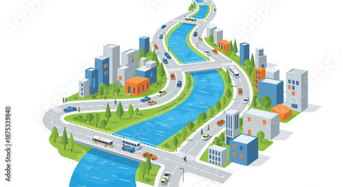 Isometric Cityscape with River Roads and Buildings, Generative AI.