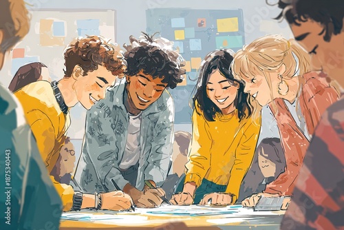 Group of happy young students working together on creative project in classroom teamwork modern education and friendship concept illustration