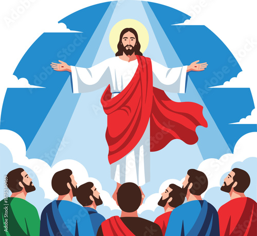 The, ascension, of, Jesus, Christ, into, heaven, with, disciples, apostles, watching, from, clouds, religious, Christian, biblical, scene, vector, illustration, gospel, faith, spiritual