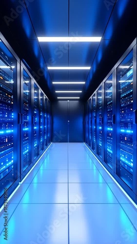 Servers stacked in a corridor of a data center in a futuristic and neon blue environment