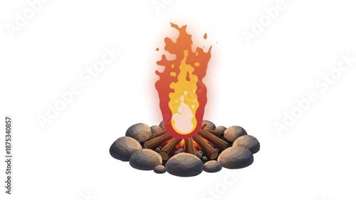 Video of a campfire with several campfires and rocks on the side, white background, cartoon style