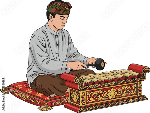Traditional Indonesian Gamelan musician illustration, male performer playing saron instrument in ethnic costume, Balinese cultural music art, vintage artisan character on white background,